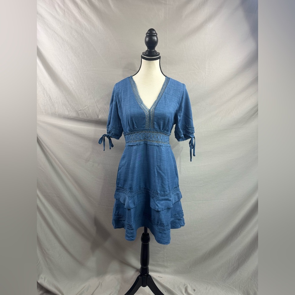 Lace Insert Trim Puff Sleeve Mini Dress Blue - Picture 8 of 9